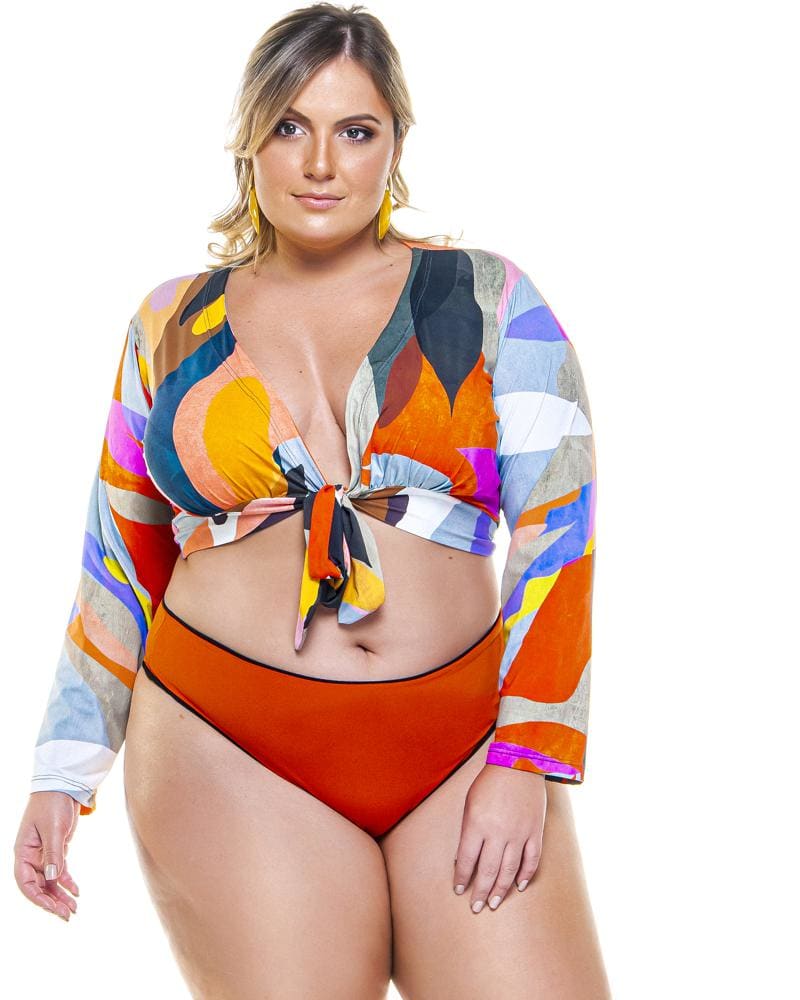Front of a model wearing a size 24 Long-Sleeve Top With Front Tie in Contemporary by Lehona. | dia_product_style_image_id:267455